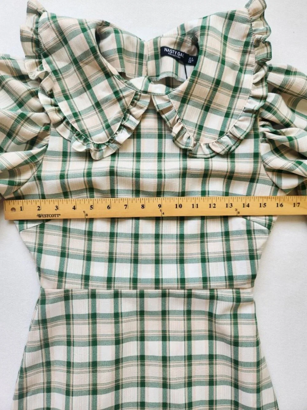 Nasty Gal Plaid Check Mini Dress Green Cream Ruffled Coquette Romantic Cottage - Picture 9 of 11